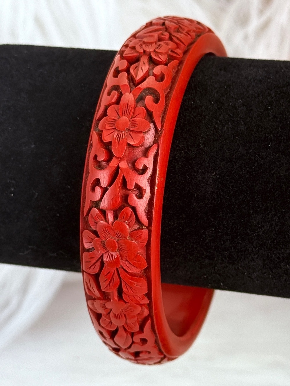 Vintage Chinese Antique Carved Floral Red Bangle Bracelet